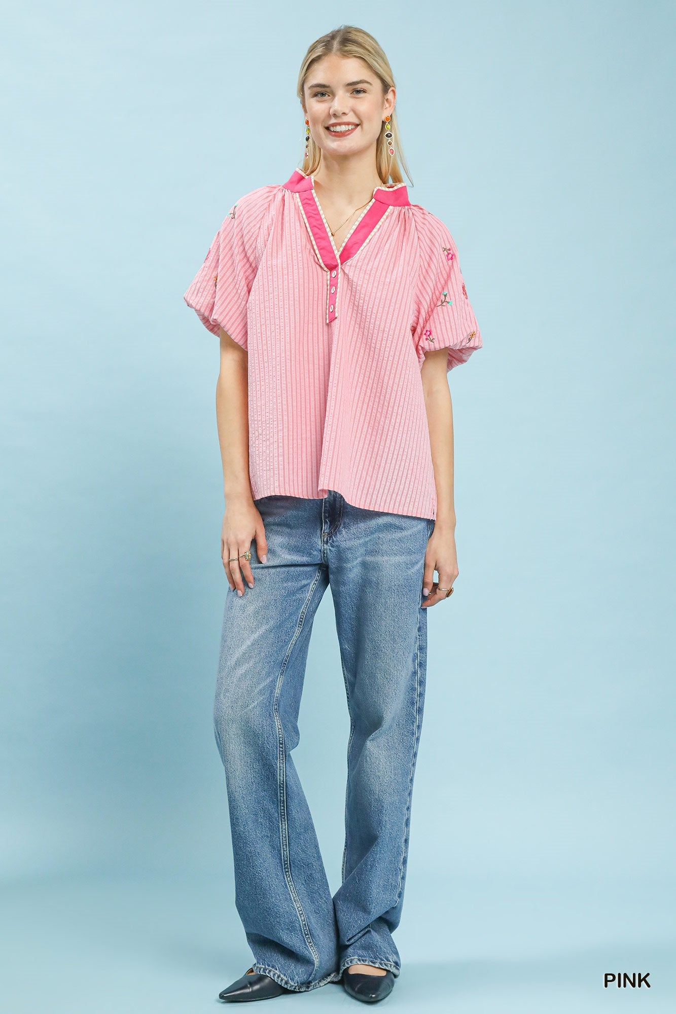 Umgee Pink Embroidered Stripe Top