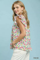 Umgee Floral Print Ruffle Cap Sleeve Blouse