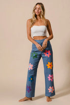 BiBi Flower Print Straight Legs Denim Pants