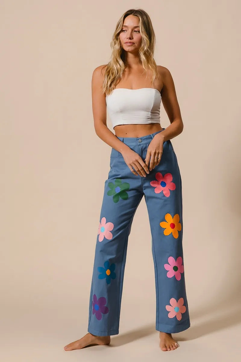 BiBi Flower Print Straight Legs Denim Pants
