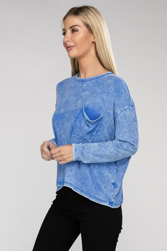 Zenana Washed Ribbed Dolman Sleeve Round Neck Top ZENANA
