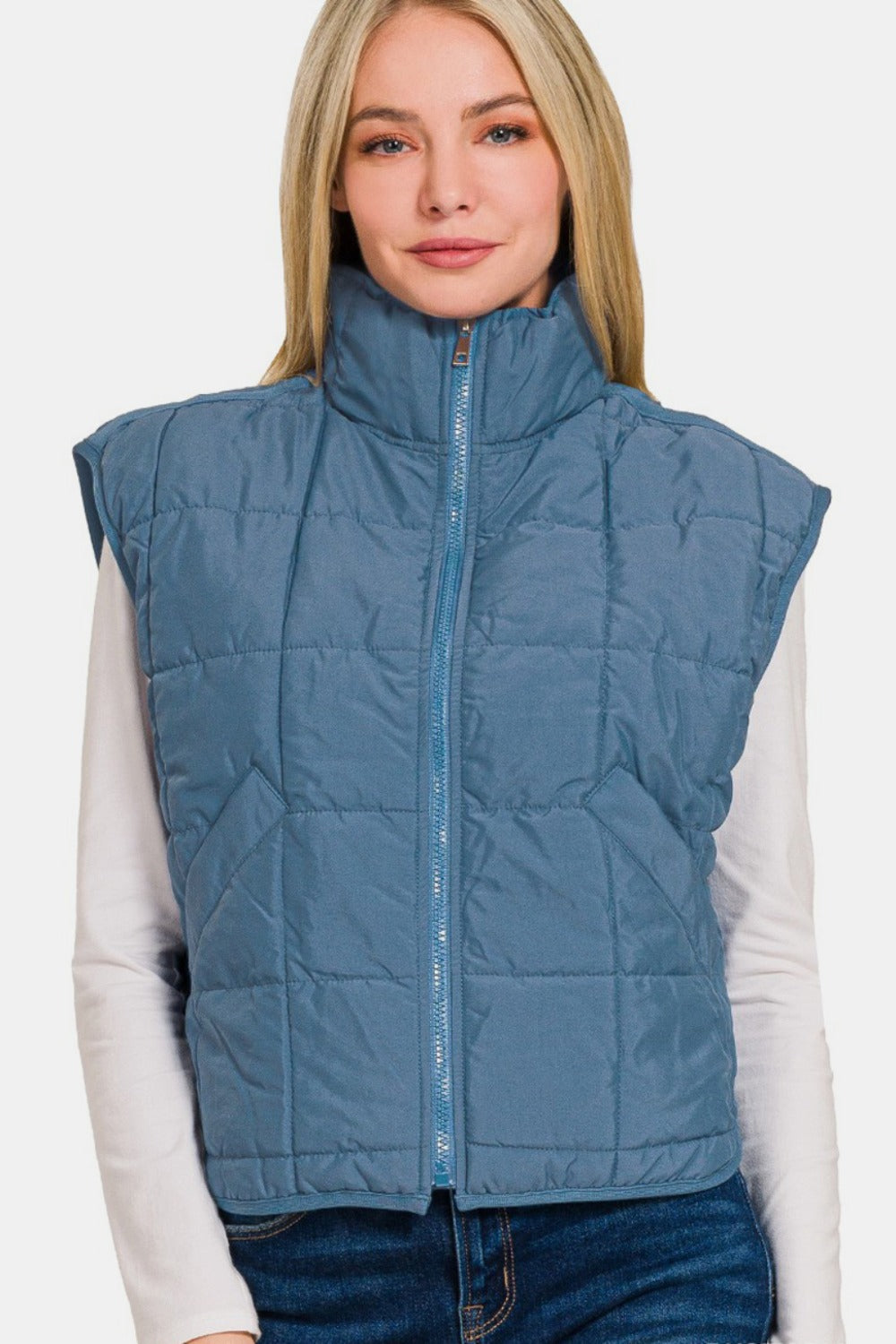 Zenana Dusty Blue Zip Up Cropped Puffer Vest with Pockets Trendsi