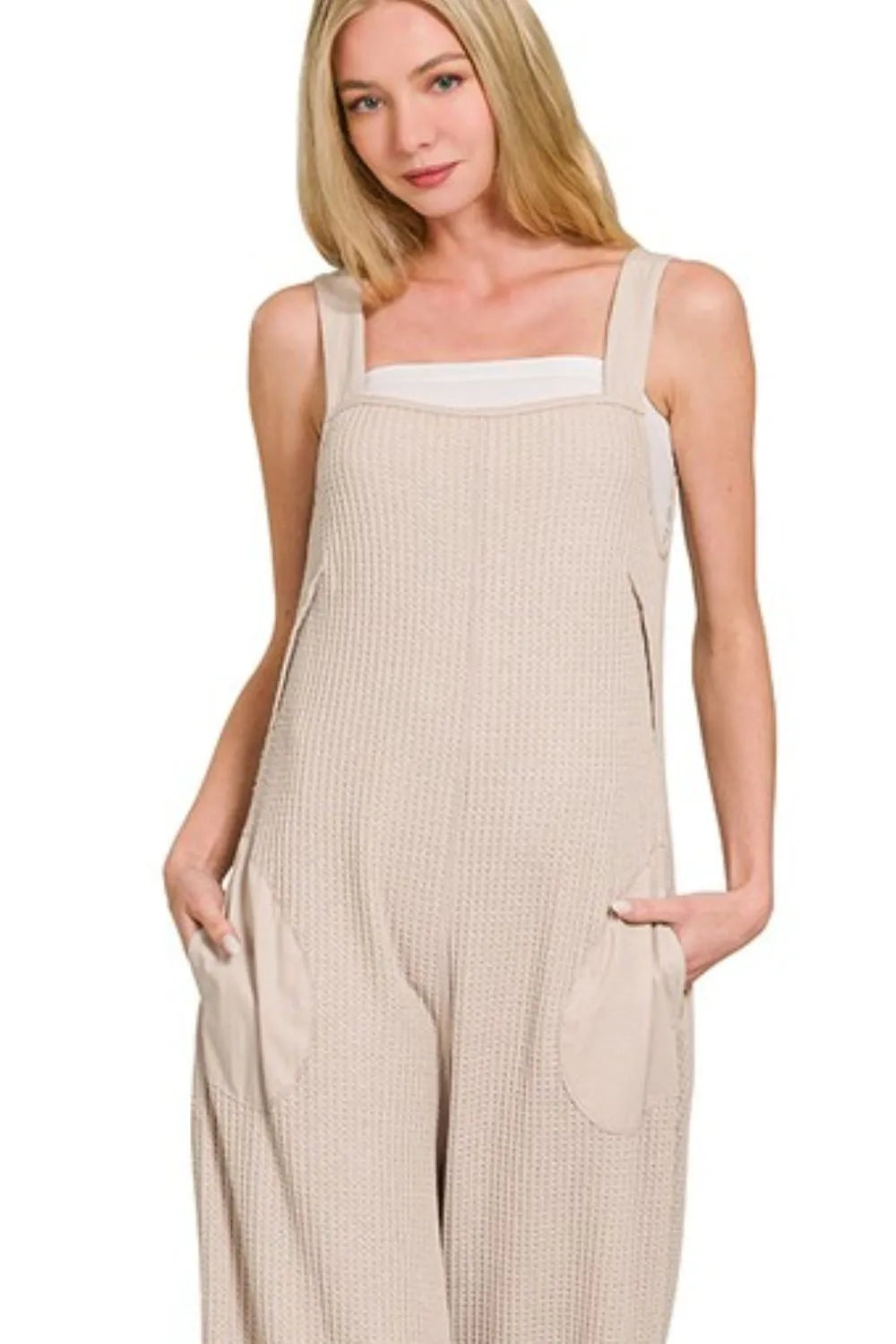 Zenana Light Mocha Knit Waffle Wide Leg Overalls