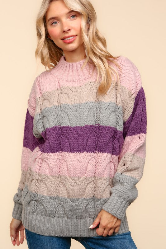 Haptics Mauve Multicolor Stripe Cable Knit Mock Neck Sweater Haptics