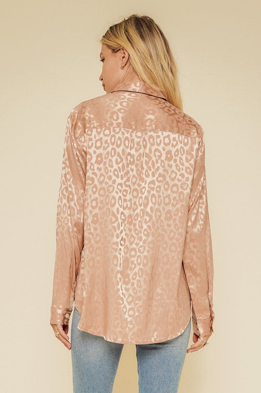 Hem & Thread Nude Satin Animal Print Button Down Lace Shirt Top Shirts & Tops