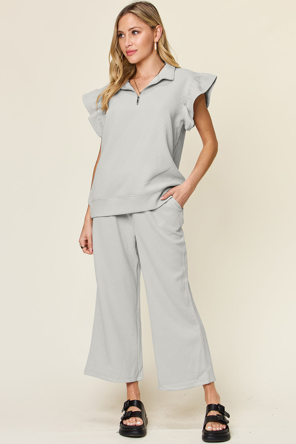 Double Take Quilted Textured Ruffle Short Sleeve Top and Drawstring Wide Leg Pants Set Light Gray Trendsi