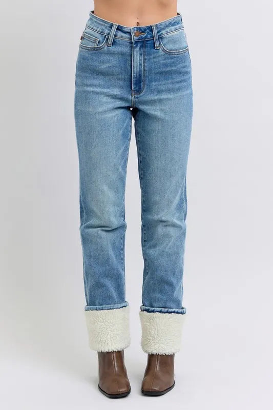 Judy Blue High Waisted Shearling Cuff Straight MD