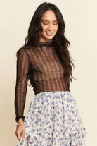 Davi & Dani Black Turtle Neck Lace Dotted Stretch Mesh Sheer Top