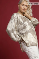 Umgee Taupe Metallic Fabric Blouse with Balloon Sleeves