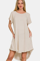 Zenana Beige Fringe Edge High Low Flowy Dress with Pockets Beige Trendsi