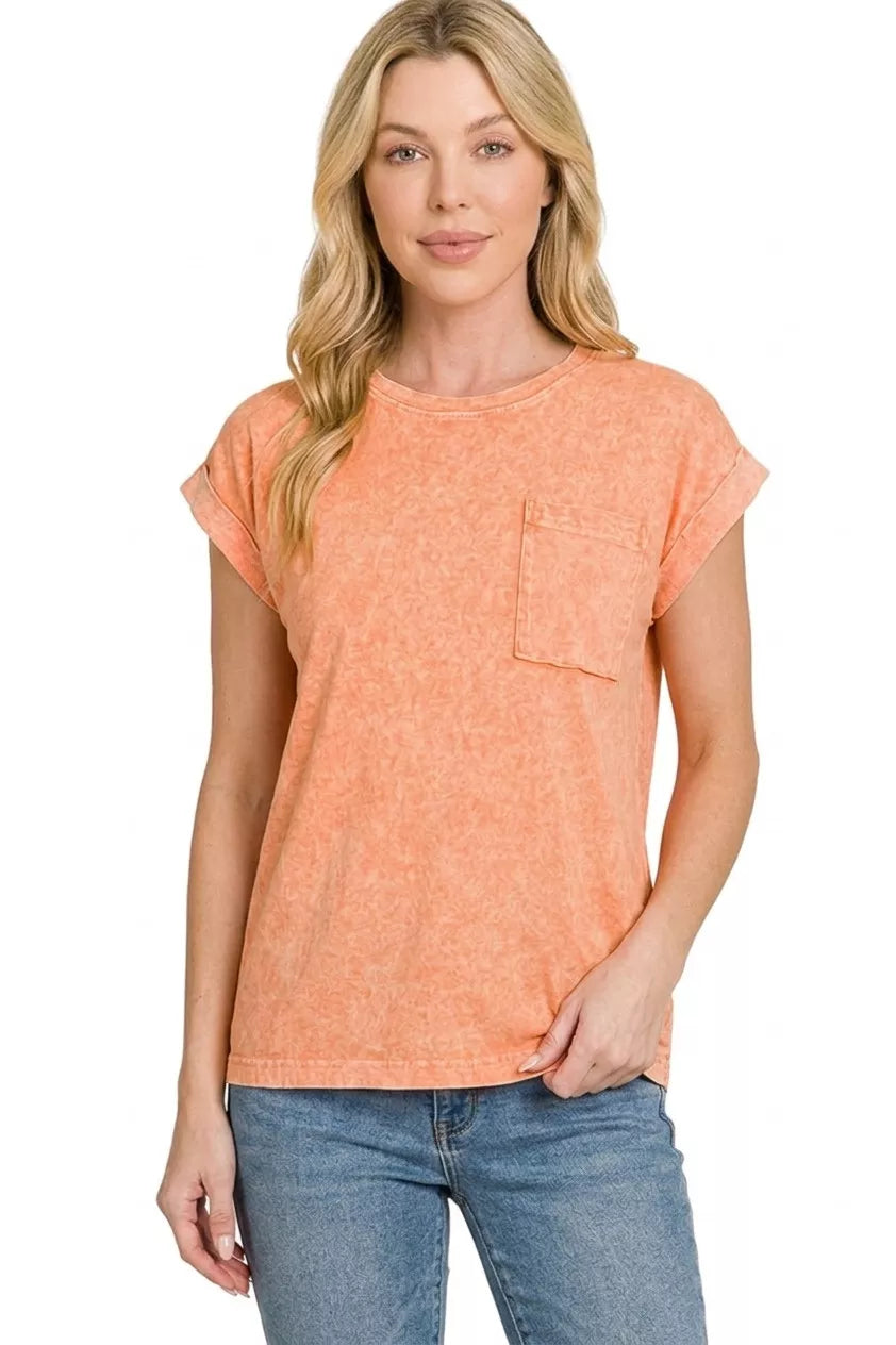 Zenana Orange Halo Snow Washed Cuffed Short Sleeve Tee