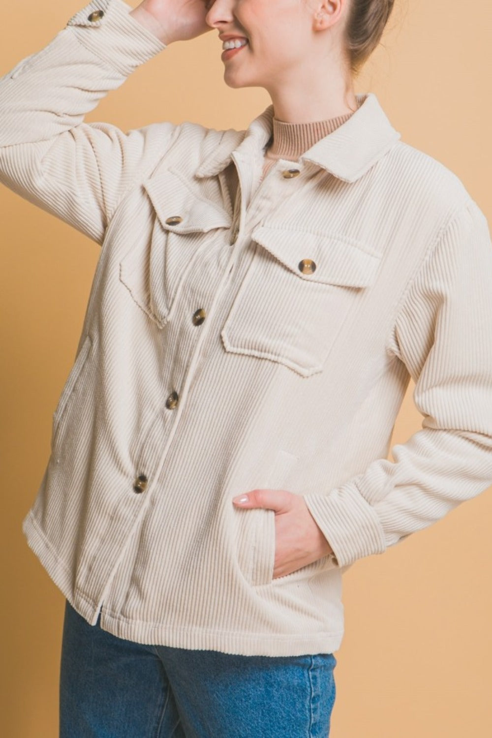 Love Tree Cream Corduroy Button Up Jacket with Sherpa Inside Trendsi