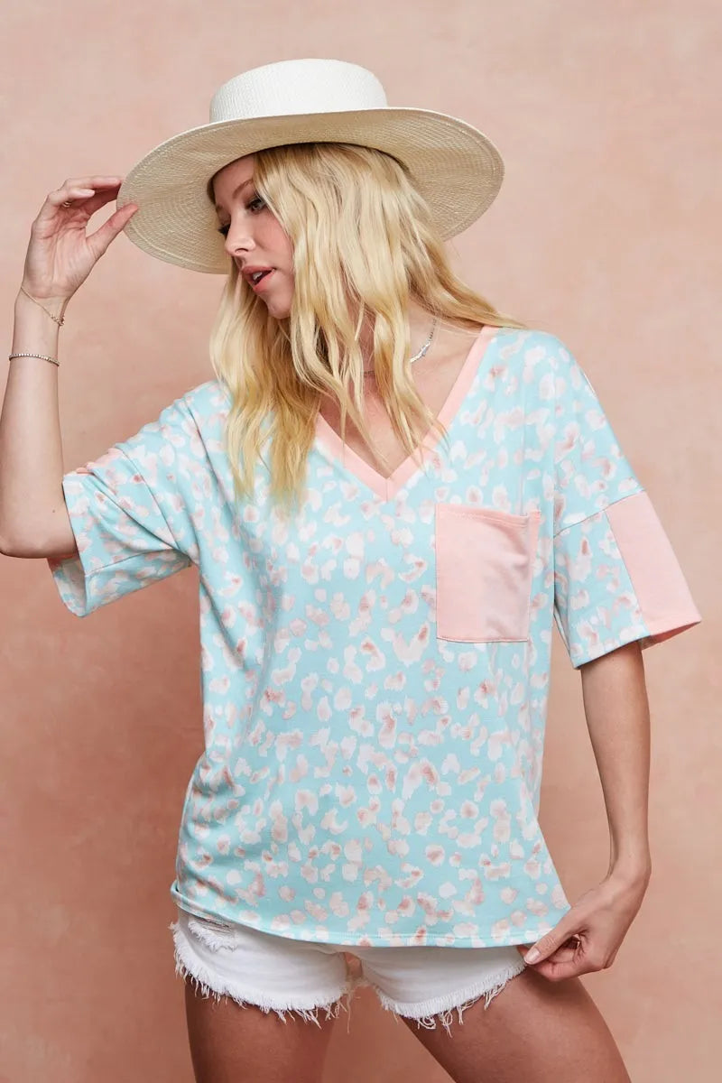 BiBi Mint Multi Color Leopard Printed French Terry Top
