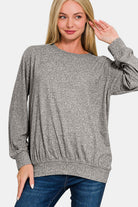 Zenana Soft Melange Round Neck Long Sleeve Top Black Shirts & Tops