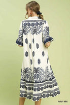Umgee Navy Mix Border Print Midi Dress with Puff Sleeves