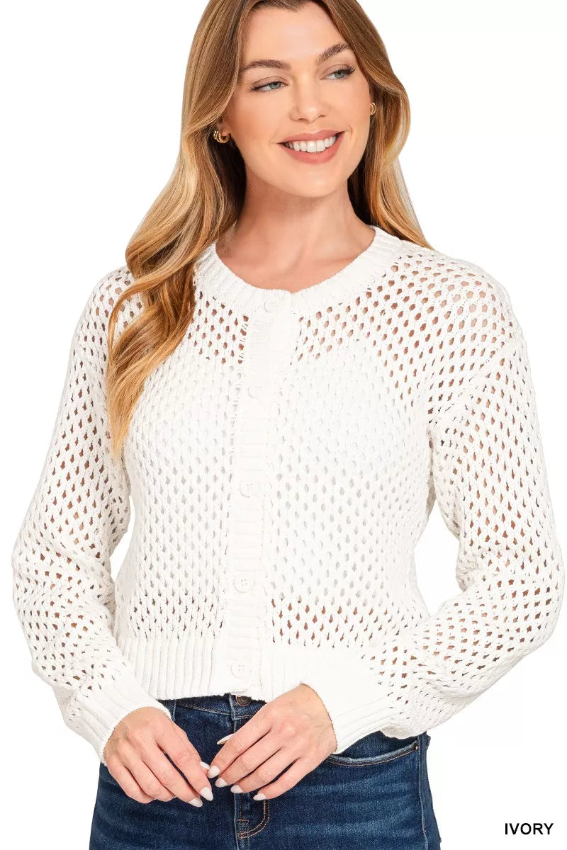 Zenana Ivory Button Down Lightweight Crochet Cardigan Sweater IVORY