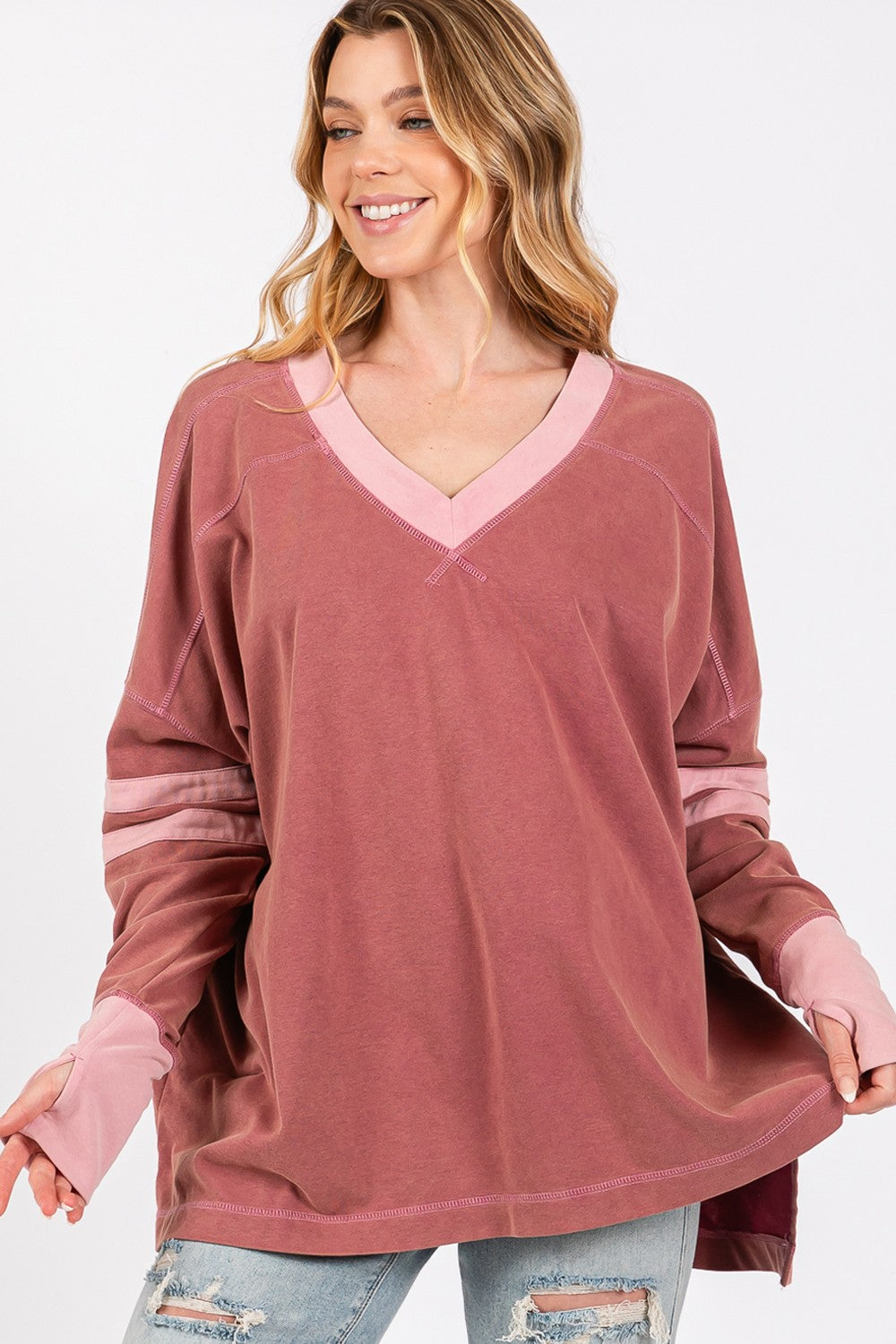 SAGE + FIG Mineral Wash Side Slit Contrast T-Shirt Trendsi