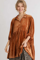 Umgee Terracotta Velvet Button Down Tiered Back High Low Shirt Terracotta Shirts & Tops