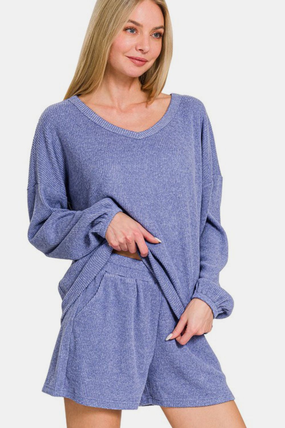 Zenana Blue Purple V-Neck Long Sleeve Ribbed Top and Shorts Set