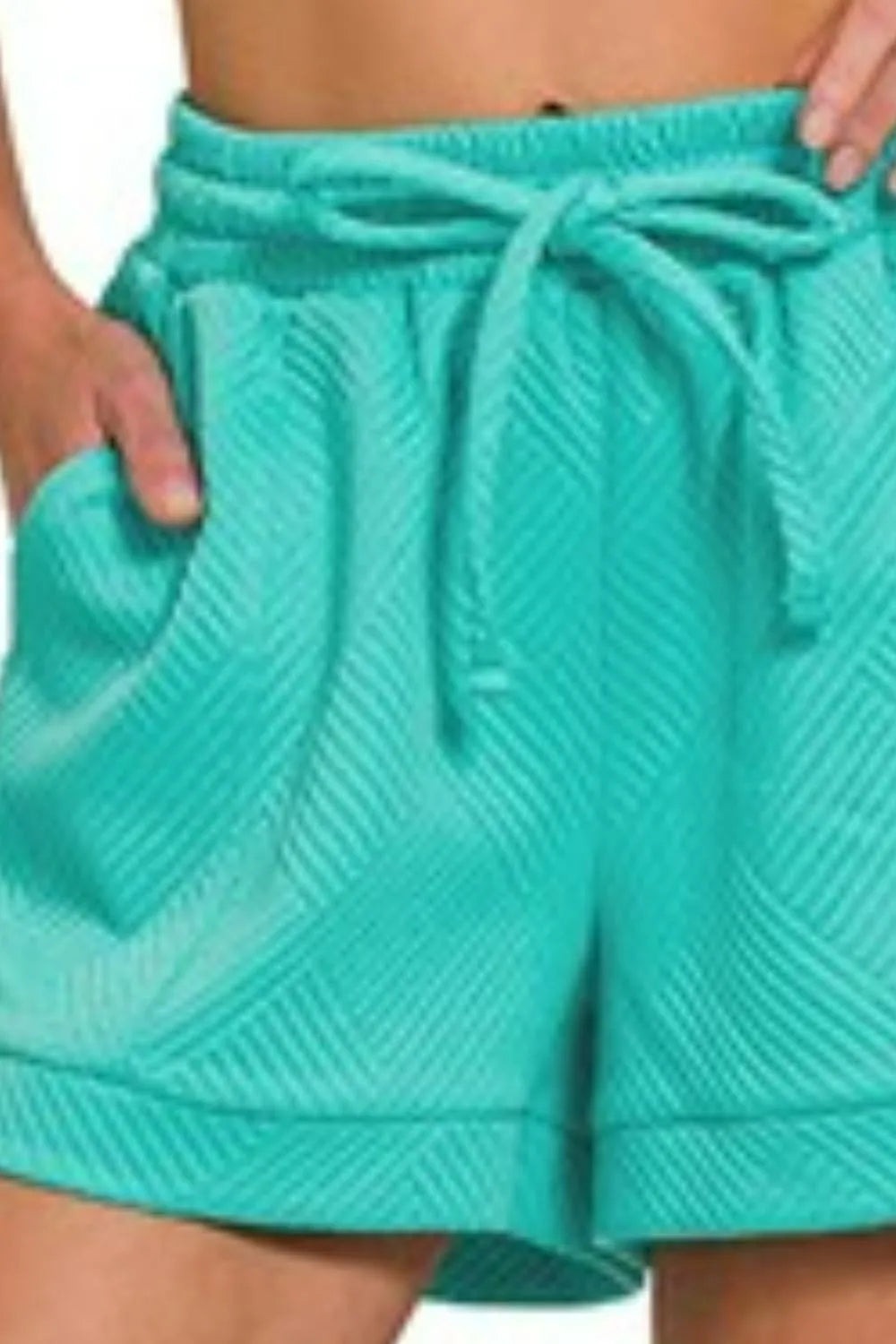 Zenana Turquoise Textured Knit Jacquard Drawstring Shorts