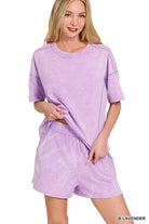 Zenana Bright Lavender Acid Washed Short Sleeve Tee & Shorts Set B LAVENDER