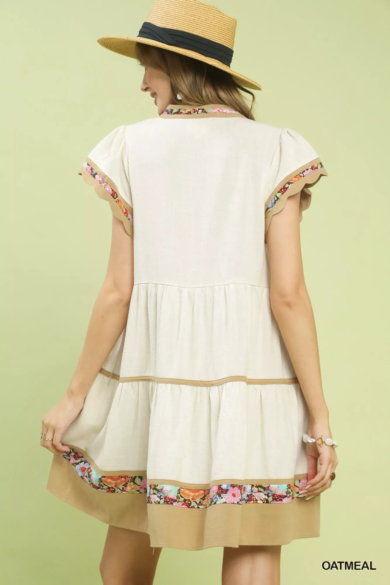 Umgee Linen Tiered Flutter Sleeve Dress with Floral Trim