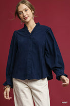 Umgee Navy Corduroy Ruffle Shirt with Long Puff Sleeves Navy