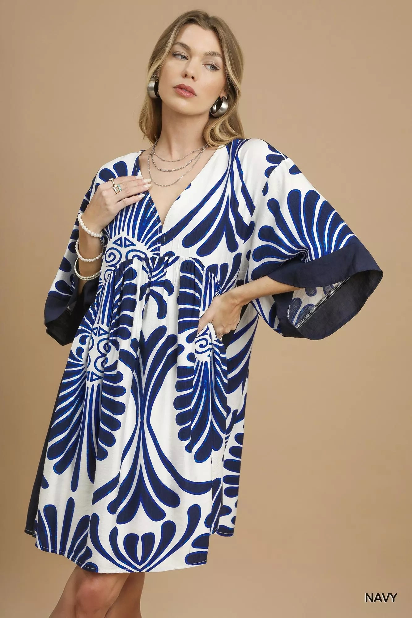 Umgee Navy Abstract Print Kimono Sleeve Mini Dress Navy