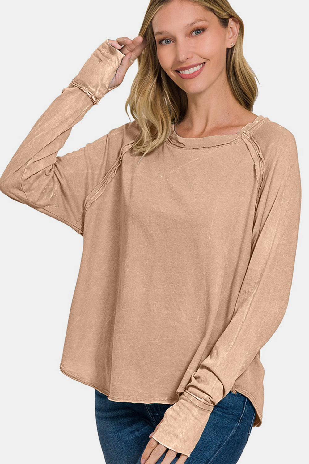 Zenana Acid Washed Scoop Neck Thumbhole Long Sleeve Top in Ash Mocha Shirts & Tops