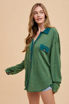 Annie Wear Dark Green Waffle-Knit Mineral Washed Button Down Shirt