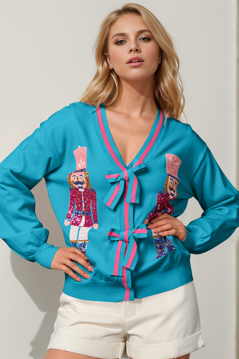 Preorder: 6 Colors- Double Take S-3X Nutcracker Sequin Bow Decor Cardigan Cerulean Trendsi