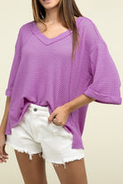 Zenana Brushed Waffle Exposed-Seam 3/4 Sleeve Top LAVENDER ZENANA