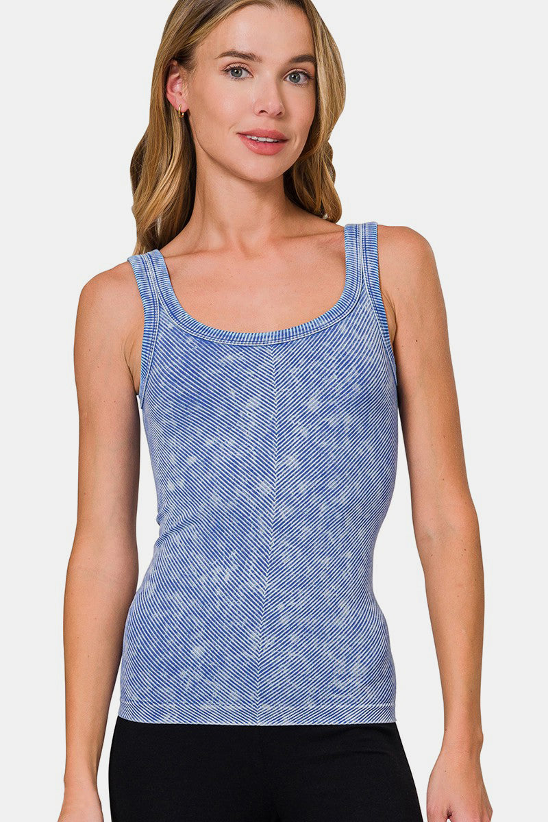 Zenana Light Indigo Stone Washed Ribbed Scoop Neck Tank Top