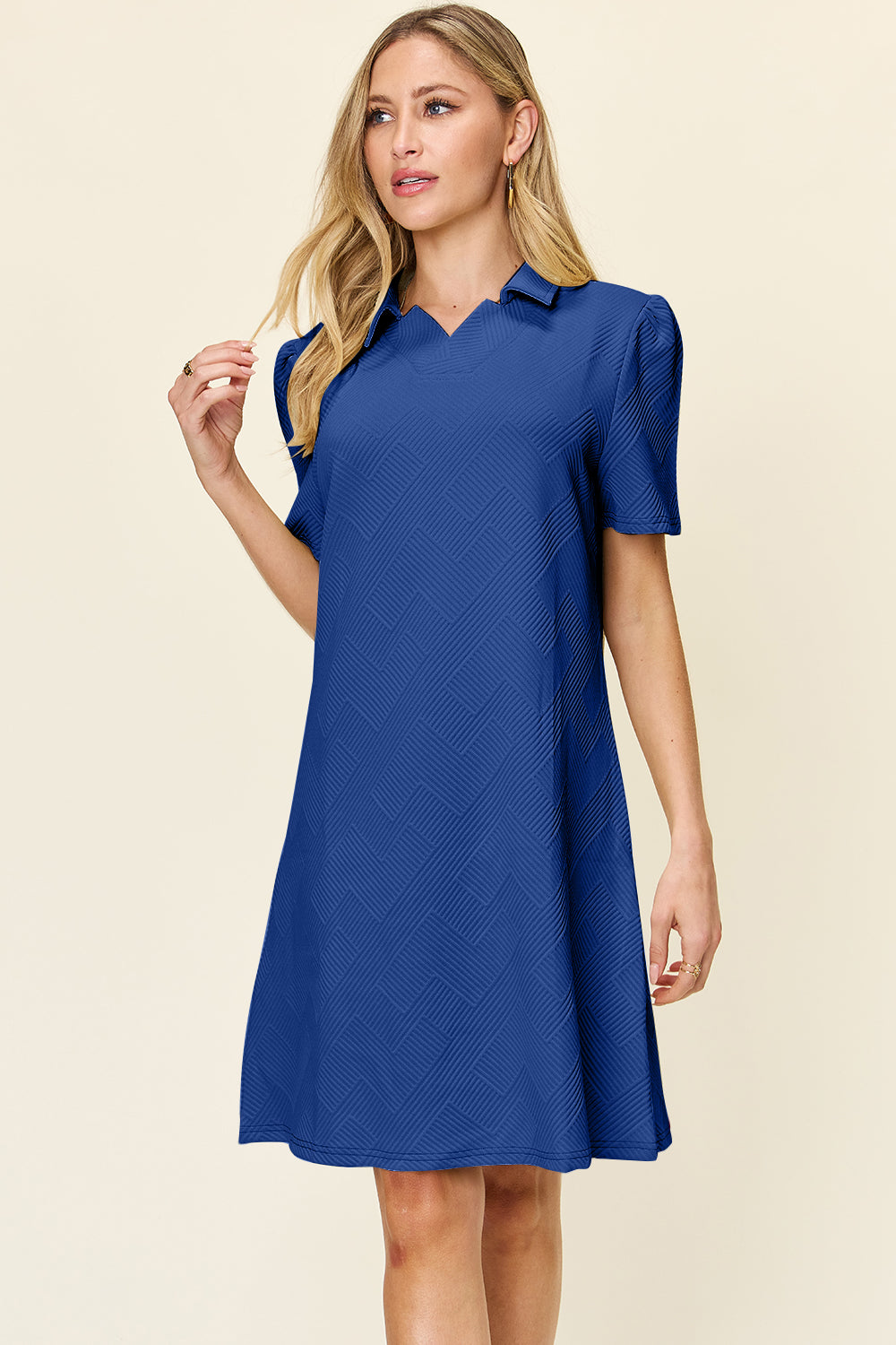 Double Take Quilted Textured Collared Neck Puff Sleeve Dress Royal Blue Trendsi