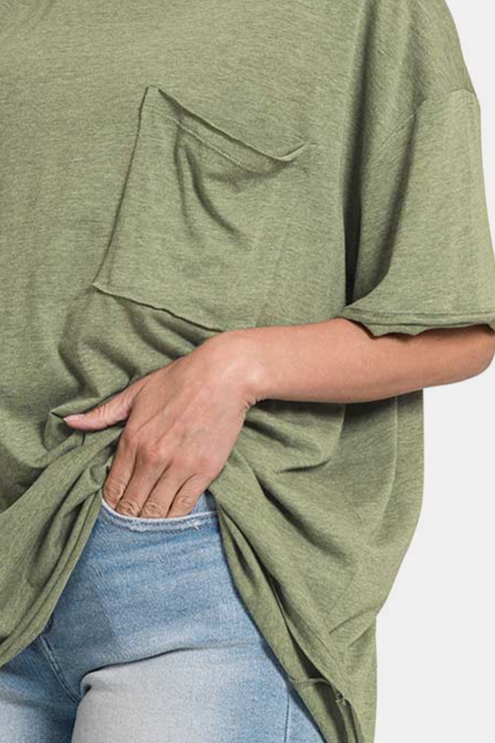 Zenana Olive Drop Shoulder Oversized Front Pocket T-Shirt Trendsi