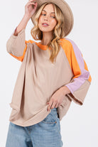 SAGE + FIG Latte Color Block Curved Hem T-Shirt Trendsi