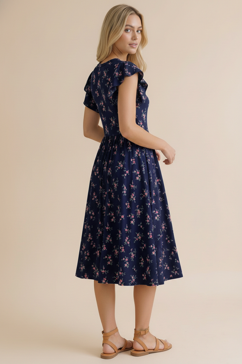 Haptics Navy Floral Flutter Sleeve Buttery Smooth Babydoll Midi Dress