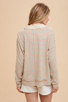 Annie Wear Taupe Striped Button Detail Long Sleeve Polo Top