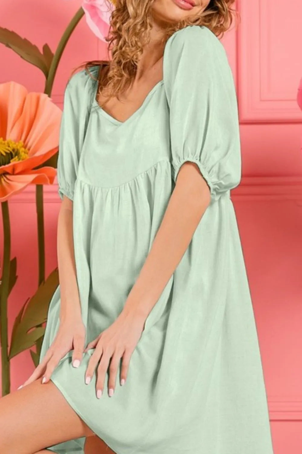 BiBi Sage Washed Linen Tiered Midi Dress with Puff Sleeves