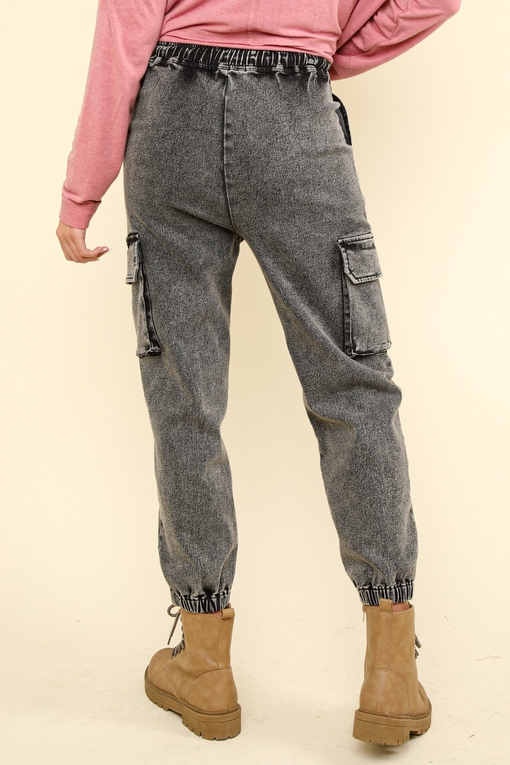 VERY J Black Washed Drawstring Jogger Cargo Jeans Trendsi