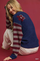 Umgee Navy Flower Jacquard Striped Long Sleeve Sweater