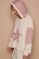 POL Dusty Rose Star Patchwork Raw Edge French Terry Hoodie Trendsi