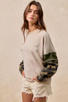 BiBi Camo Sleeve French Terry Top with Frayed Edge