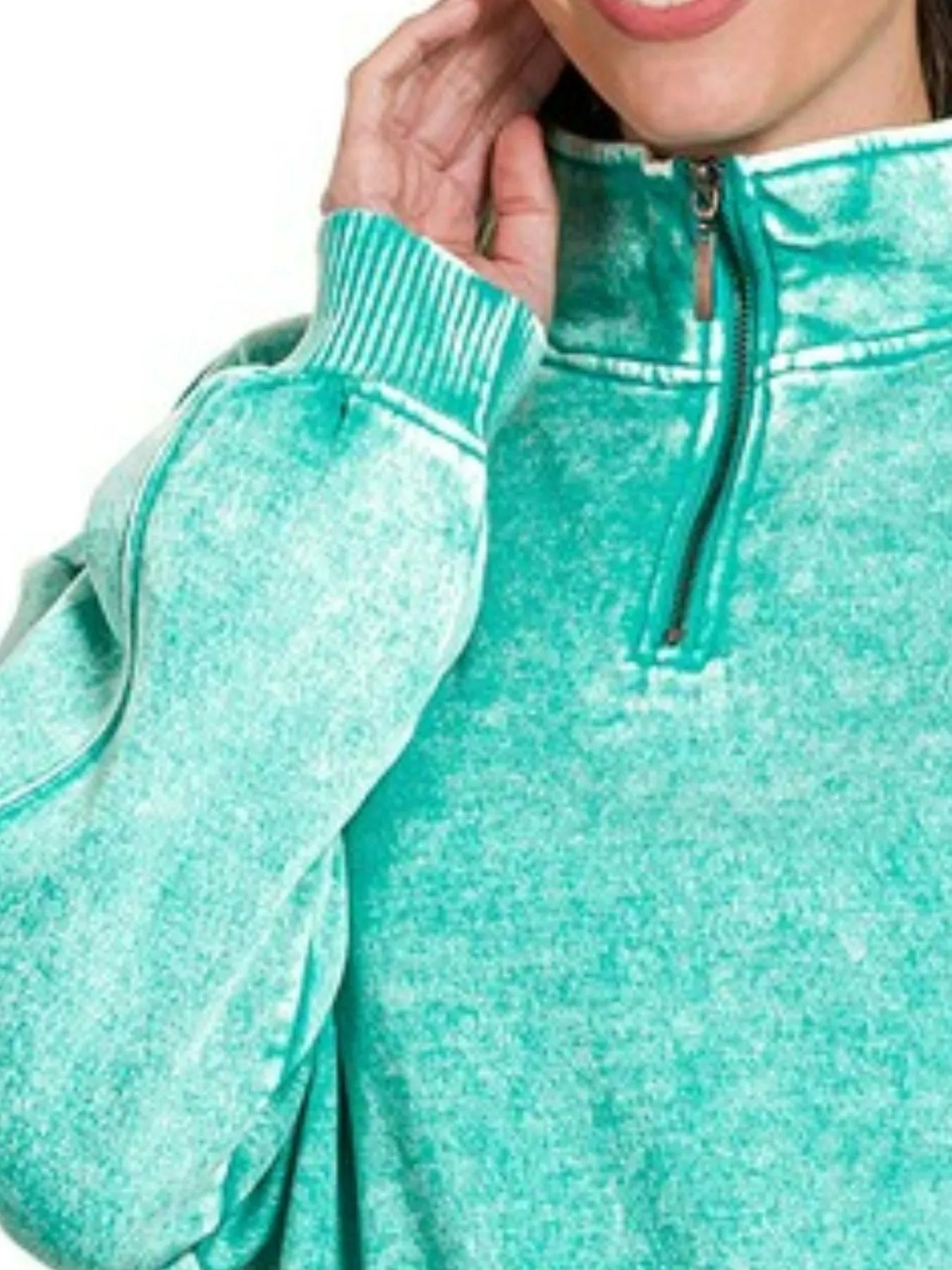Zenana Turquoise Acid Wash Fleece Quarter Zip Pullover