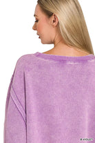 Zenana Bright Violet Acid Washed Batwing Sleeve Fleece Sweatshirt
