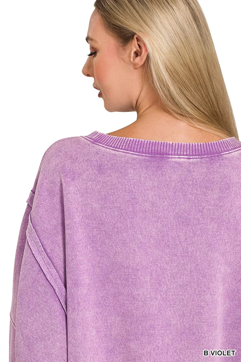Zenana Bright Violet Acid Washed Batwing Sleeve Fleece Sweatshirt