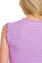 Zenana Bright Lavender Ribbed Ruffle Trim Sleeveless Stripe Top