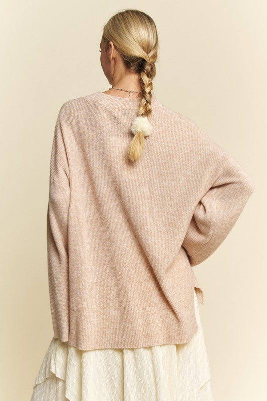 Davi & Dani Oatmeal High-Low Round Neck Drop Shoulder Sweater