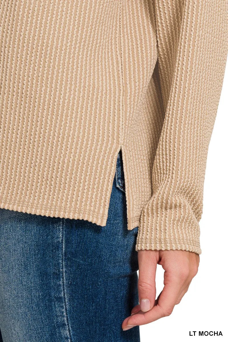 Zenana Light Mocha Long Sleeve Drop Shoulder Rib Top
