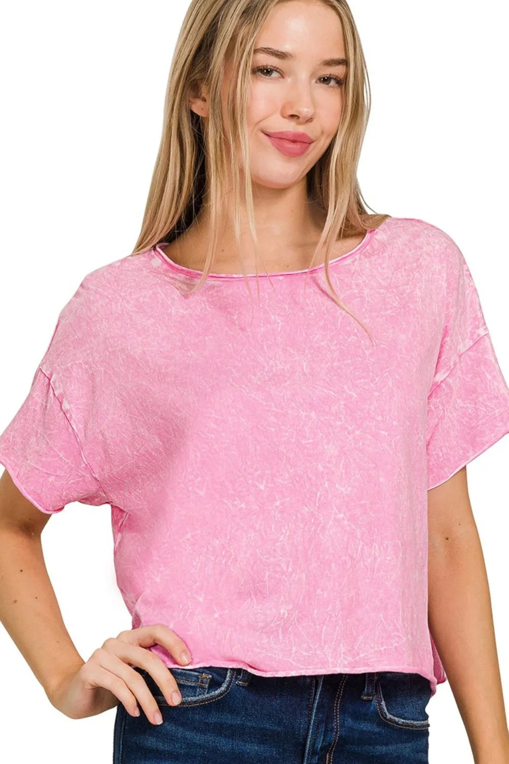 Zenana Washed Crew Neck Short Sleeve Crop Box Tee CANDY PINK
